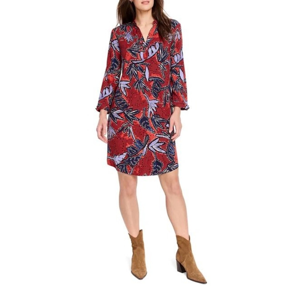 NIC +Zoe Leaf Print Split V-Neck Shift‎ Dress pocket size S NWT